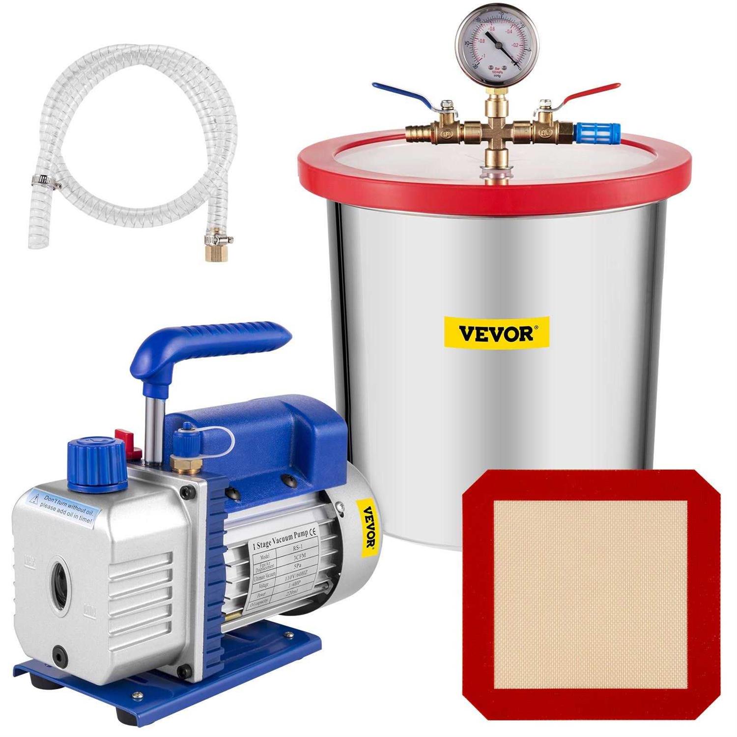 VEVOR Vacuum Pump 2 Gallon Vacuum Chamber Silicone Expoxy Degassing with 4CFM 1/3HP Single Stage Vacuum Gauge QCKTZKB4CFM1-3J2TV1 - Inhomebuy