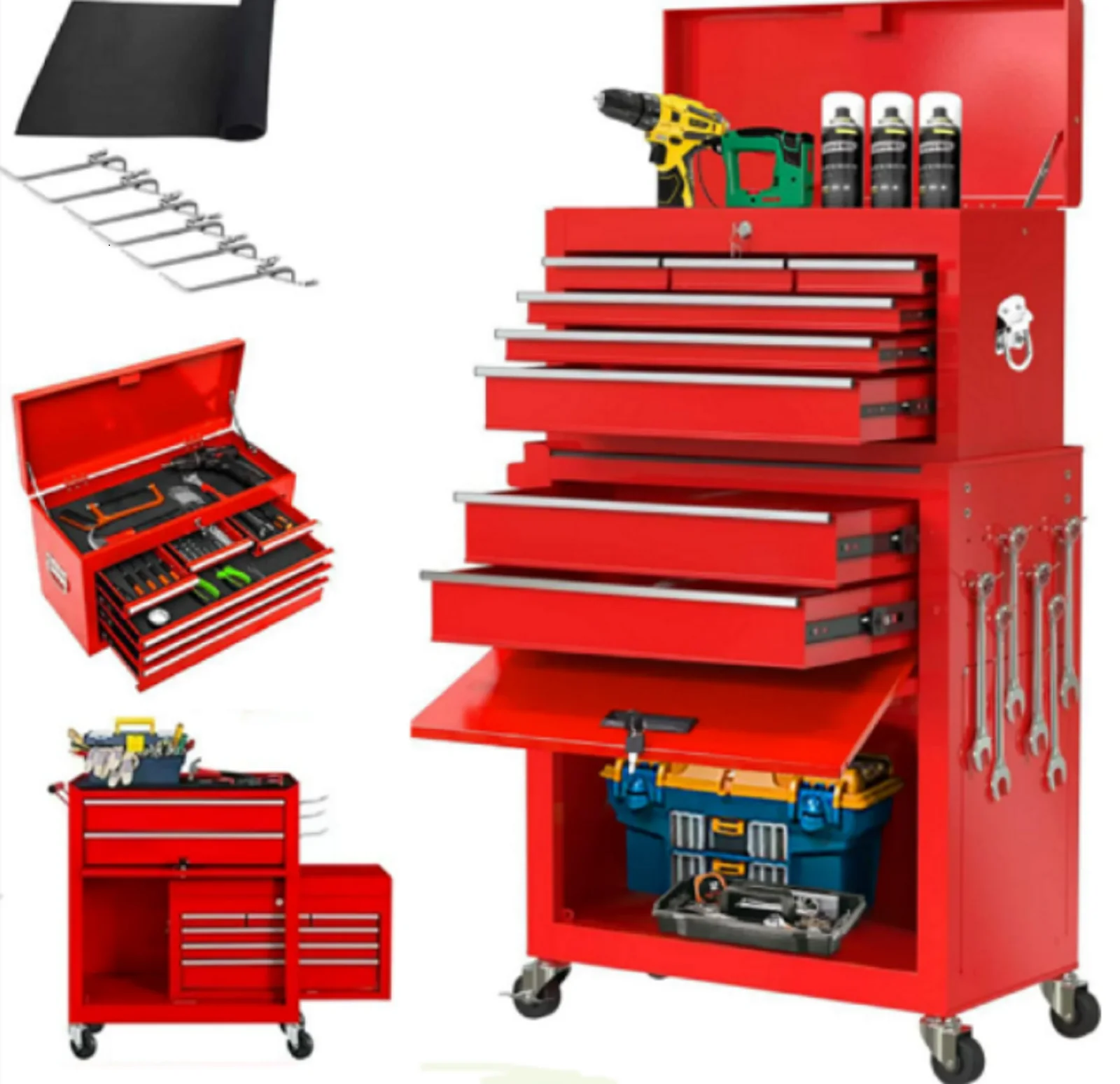 2-IN-1  Tool Chest & Cabinet, Large Capacity 8-Drawer Rolling Tool Box Organizer with Wheels Lockable, Red - Inhomebuy