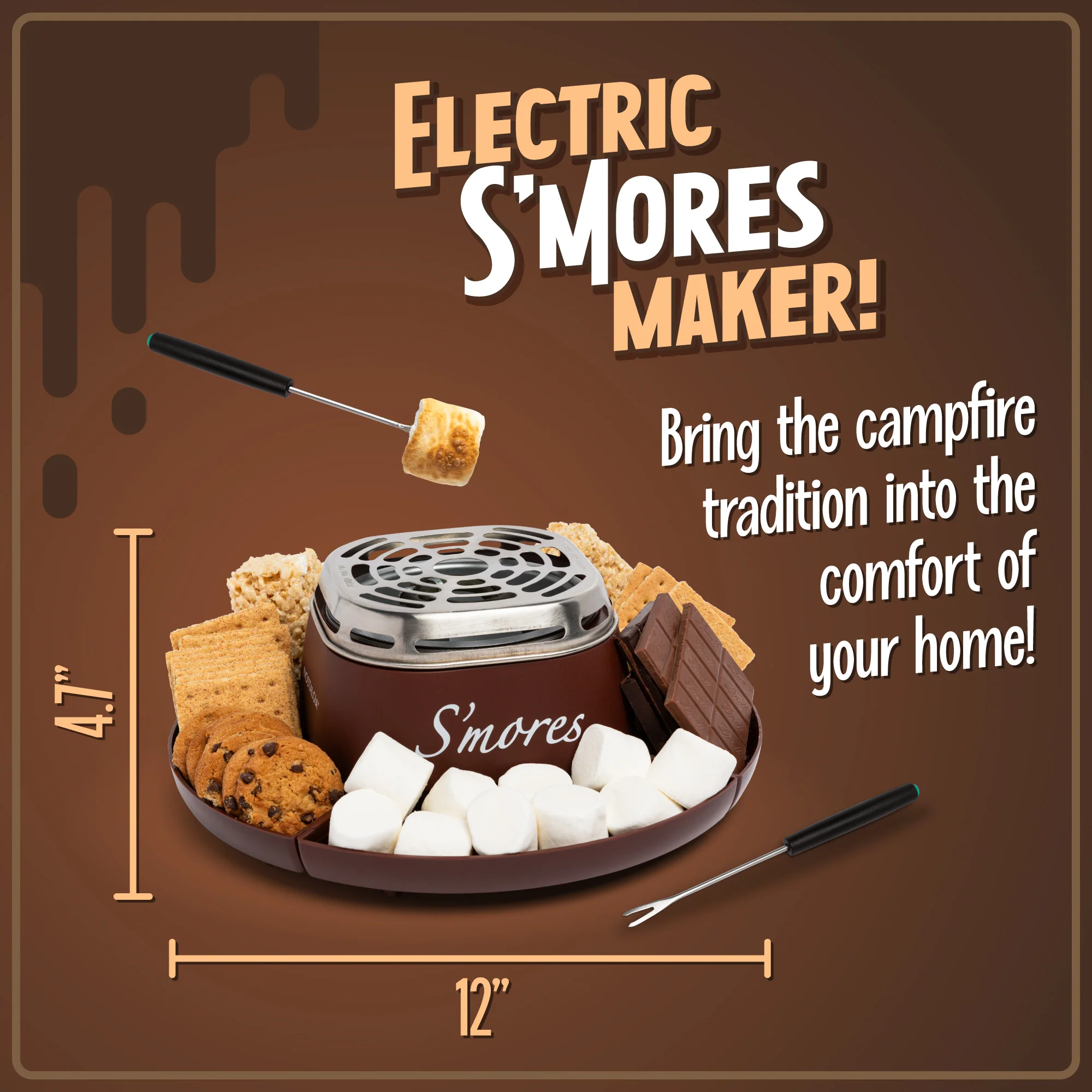 Indoor Electric Stainless Steel S'mores Maker with 4 Compartment Trays for Graham Crackers, Chocolate, Marshmallows and 2 Roasting Forks - Inhomebuy