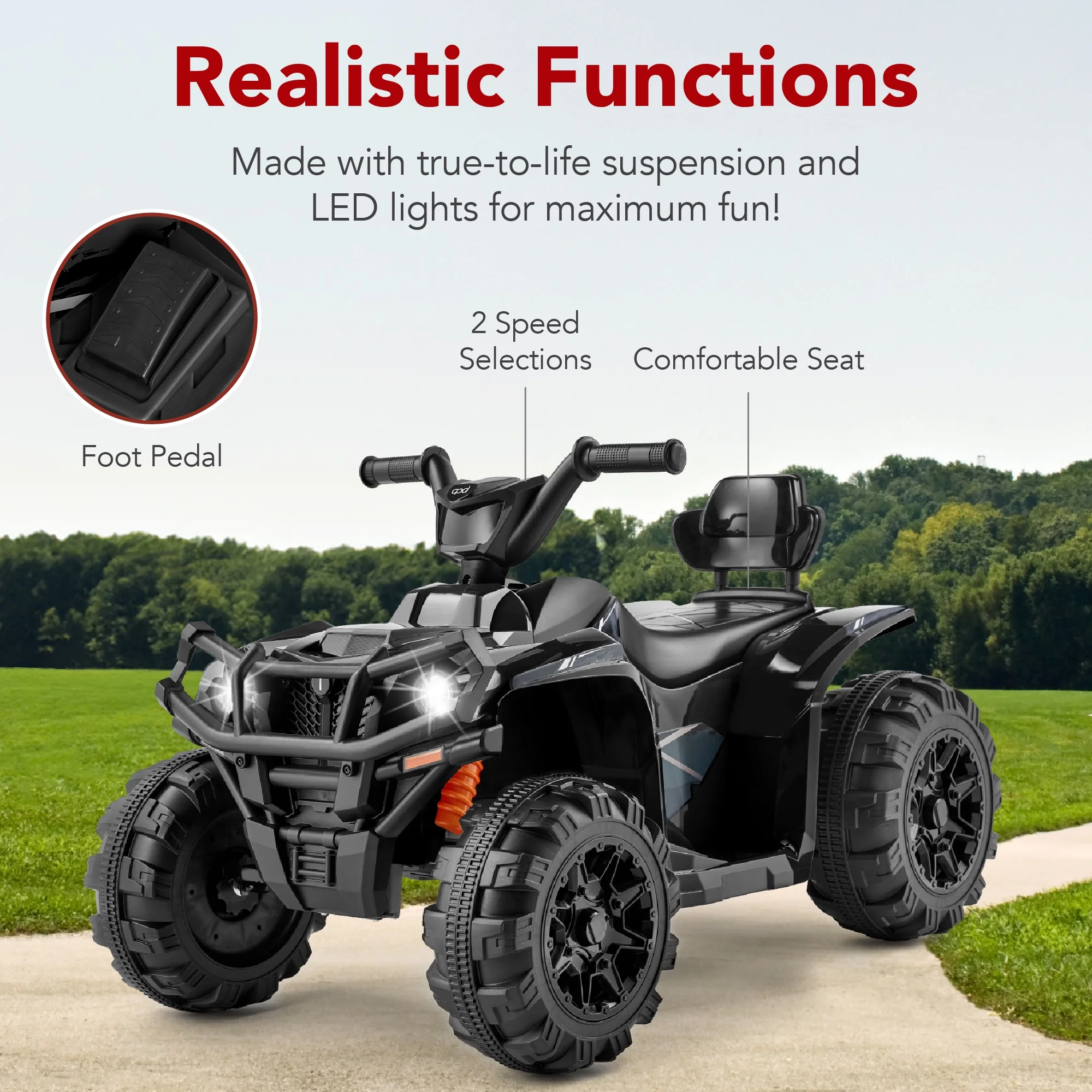 Best Choice Products 12V Kids Ride-On ATV Quad w/ Bluetooth, 2.4mph Max, Treaded Tires, LED Lights, Radio - Black - Inhomebuy